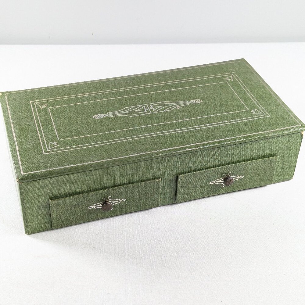 Vintage green board storage box, mens trinket box, desk tidy writing case